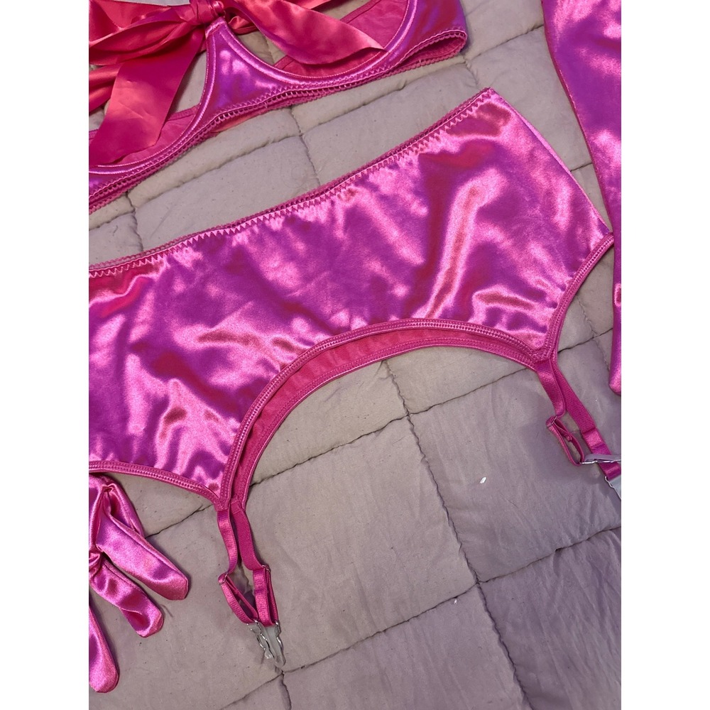Pink Satin Dancer Lingerie Set Open Cup Bra Garter Skirt Gloves 4pc - Picture 3 of 7